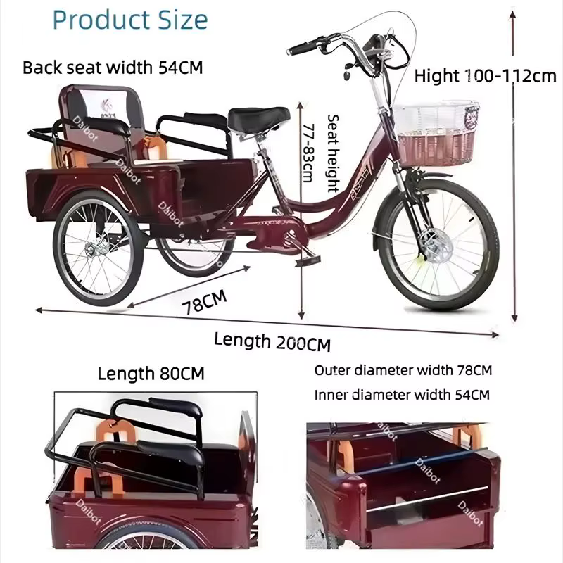Parent enfant 2 personnes vélo électrique 3 roues avec panier de chargement Tricycle