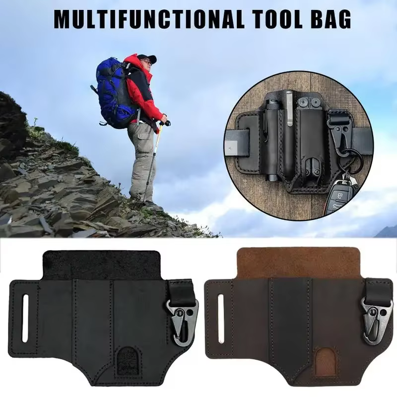 Gaine en cuir pour maroquinerie, multi-outils, organisateur de poche EDC, pochette pour couteau tactique de chasse, lampe de poche, outil de Camping en plein air