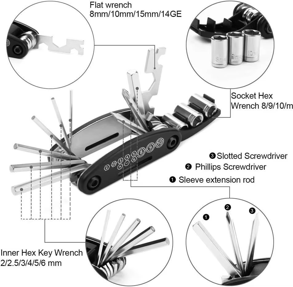 Outil multifonctionnel 16 en 1 - Kit d'outils de vélo - Kit de réparation
