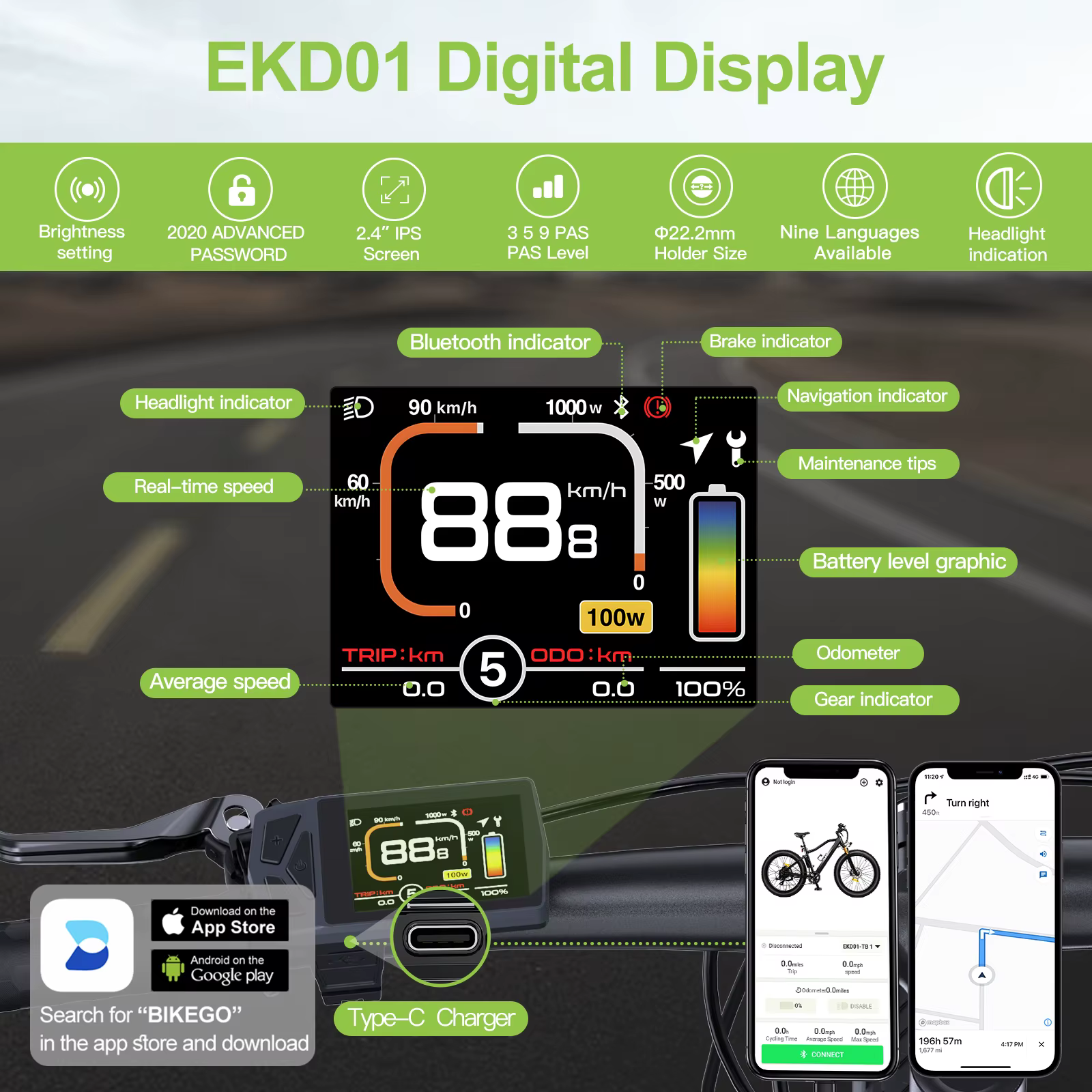 Afficheur E-Bike EKD01 avec protocole CAN et navigation Bluetooth