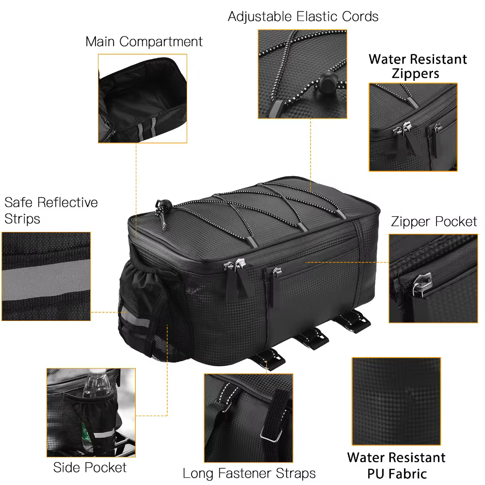 Sac de vélo en PU durable 31*20*15cm, facile à installer, avec bandes réfléchissantes, sac de transport pour vélo, pour la conduite nocturne