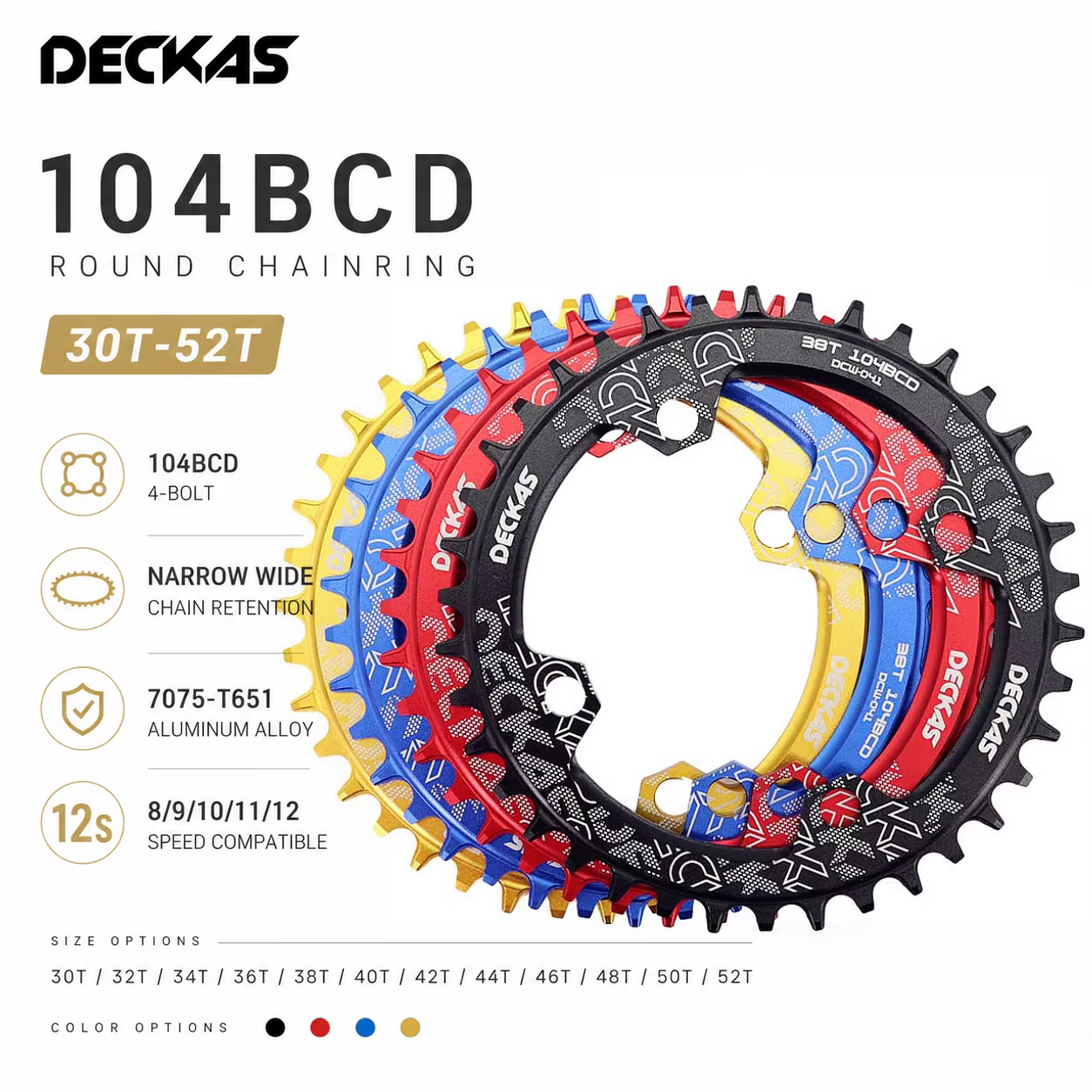 Deckas plateau de vélo rond 104 BCD 30T 32T 34T 36T 38T 40T 46 48 50T vtt