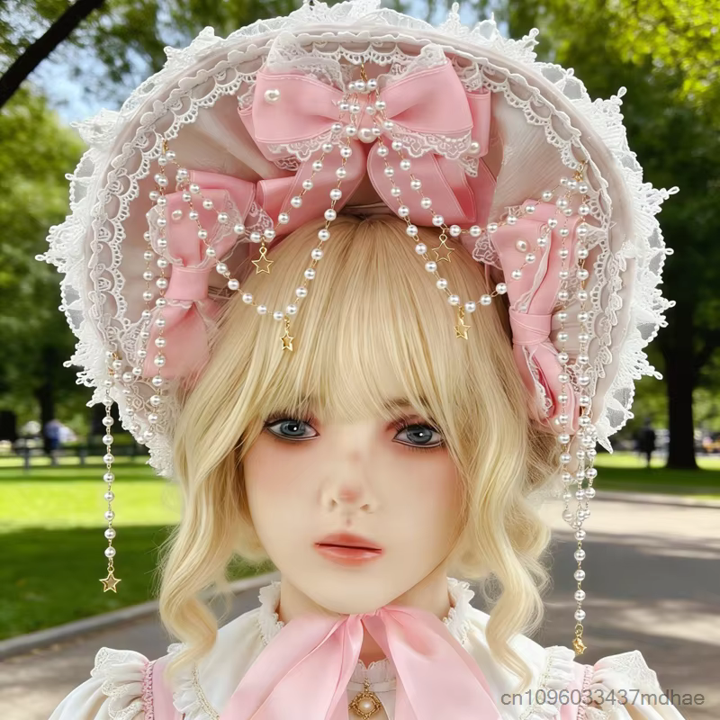 Accessoires de costume Gothic Lolita : Chapeau en dentelle avec nœud, Bonnet élégant vintage victorien pour femme avec ruban perlé, Casquette plate pour Tea Party et Cosplay