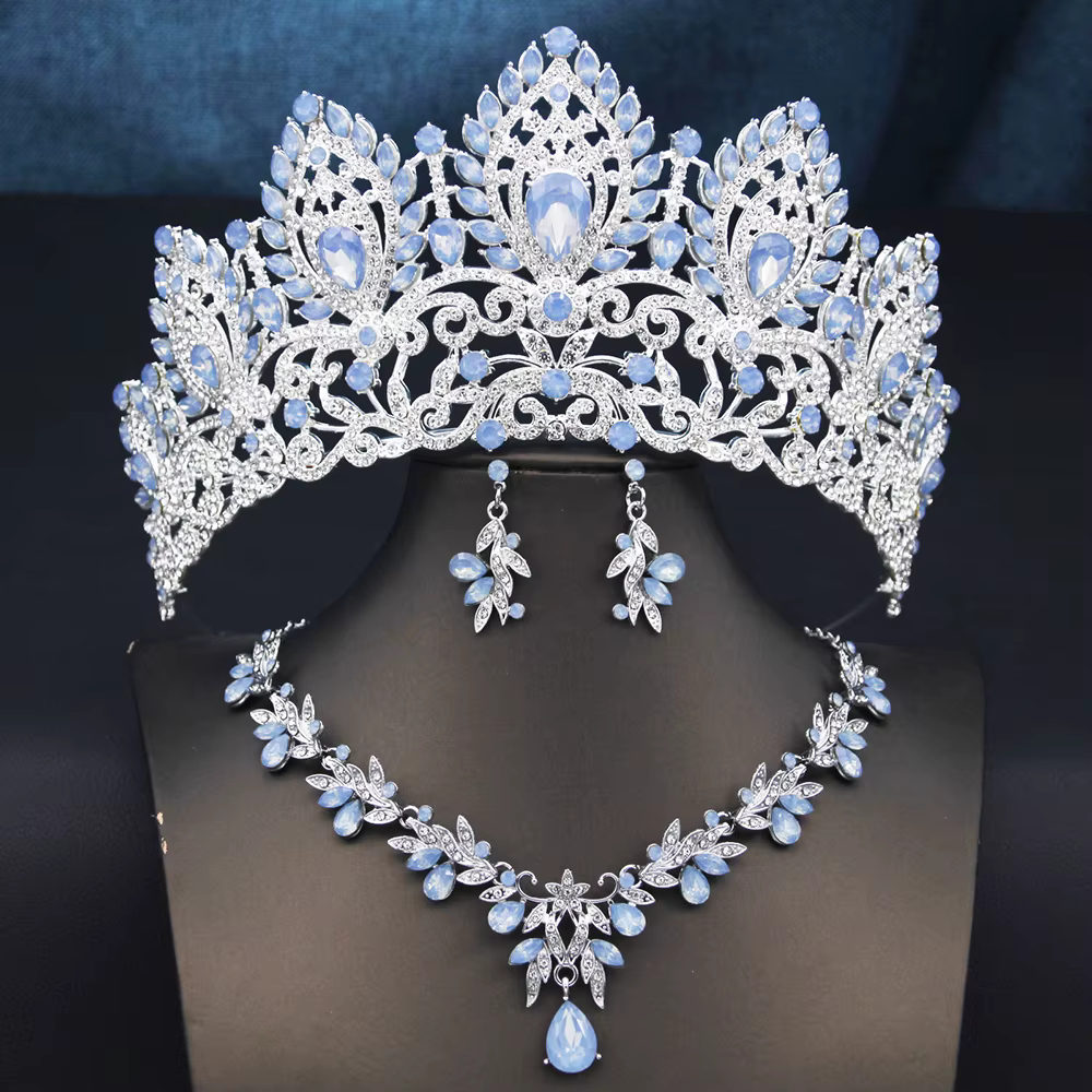 Parures de bijoux de mariée de luxe pour femmes : collier, boucles d'oreilles et couronne de princesse, accessoires de costume