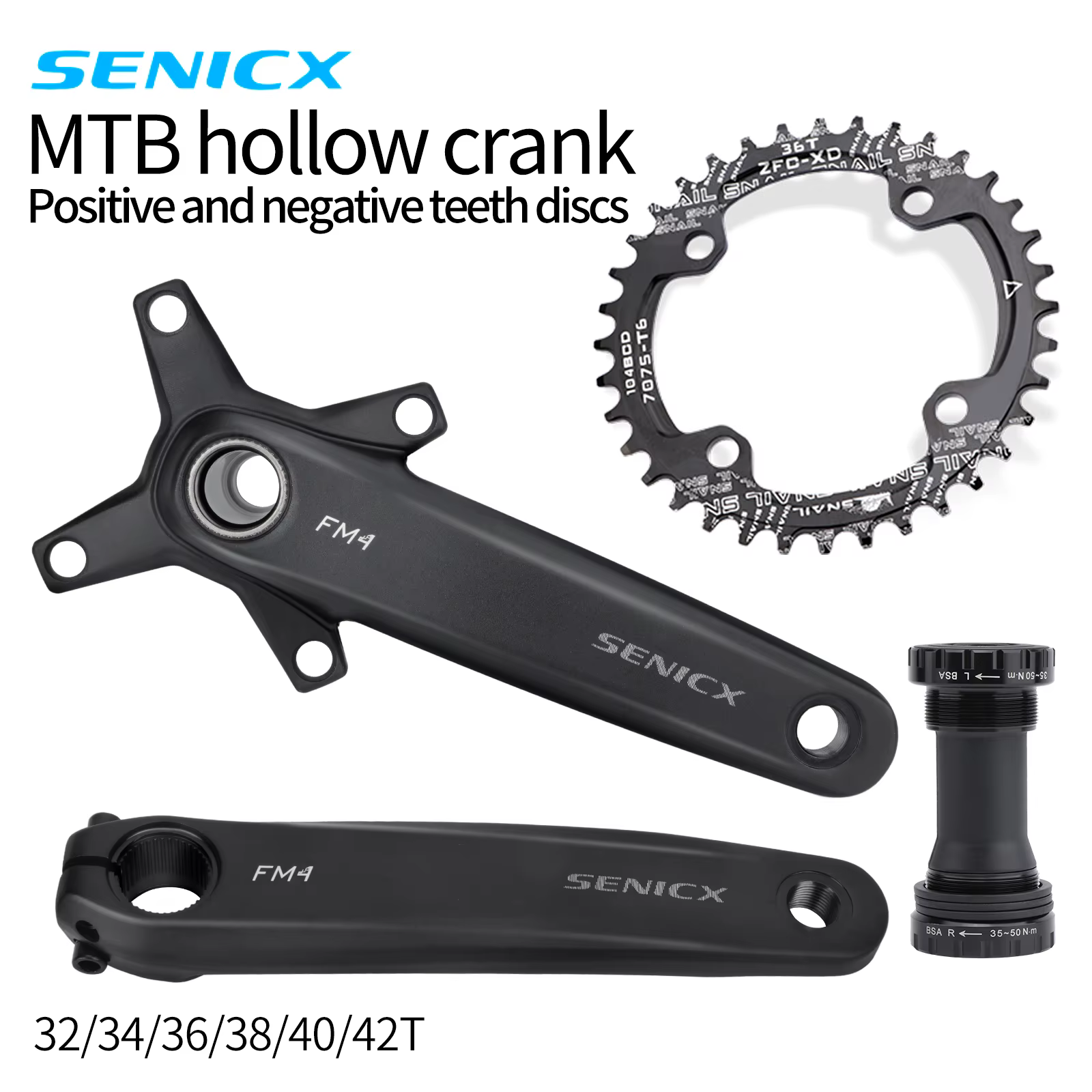 SENICX pédalier de vélo 170mm 104BCD chaîne unique 32T/34T/36T/38T/40T/42T 8/9/10/11/12 vitesses manivelle creuse