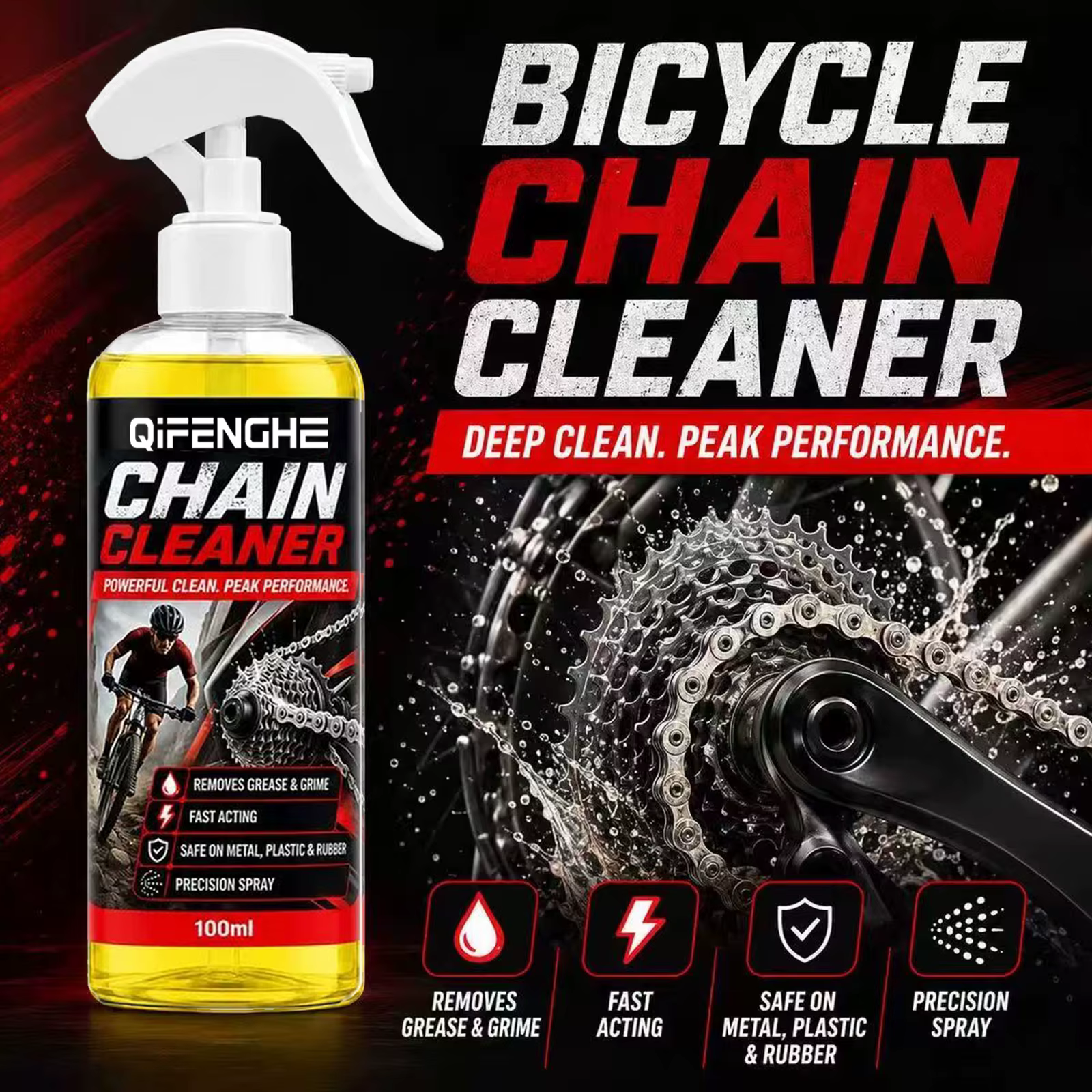 Nettoyant pour chaîne de vélo en spray 100 ml, dégraissant à action rapide pour chaînes de vélo, sans danger pour le métal, le caoutchouc et le plastique, élimine la graisse et la saleté