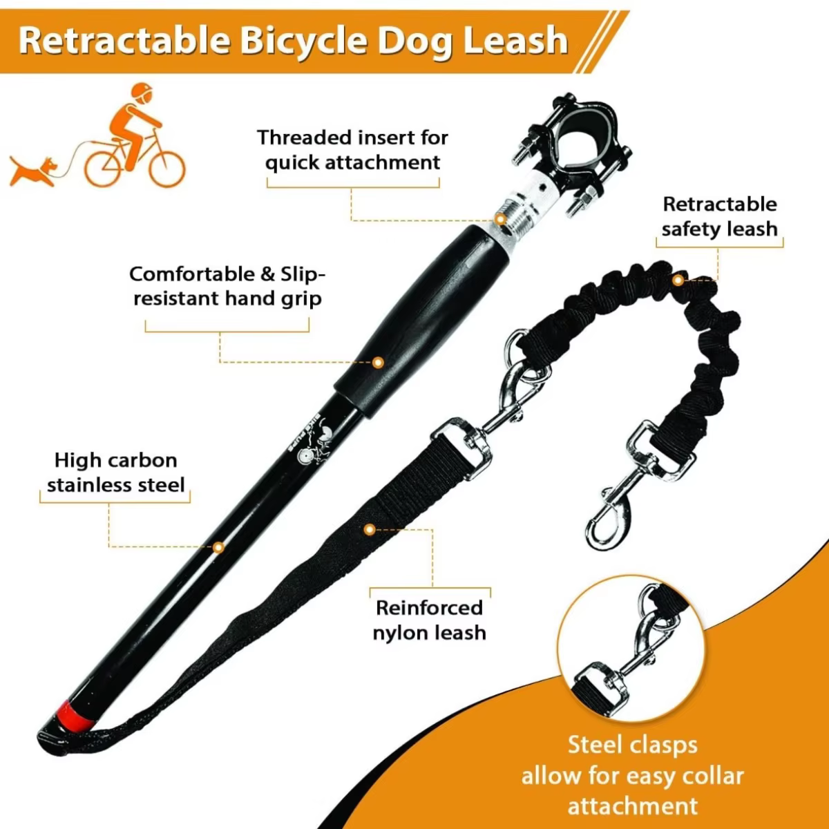 Nouvelle laisse de vélo pour chien à poignée libre, rétractable, facile à installer, laisse de vélo pour chien supprimé pour l'entraînement en plein air, essentiels pour chiens de marche