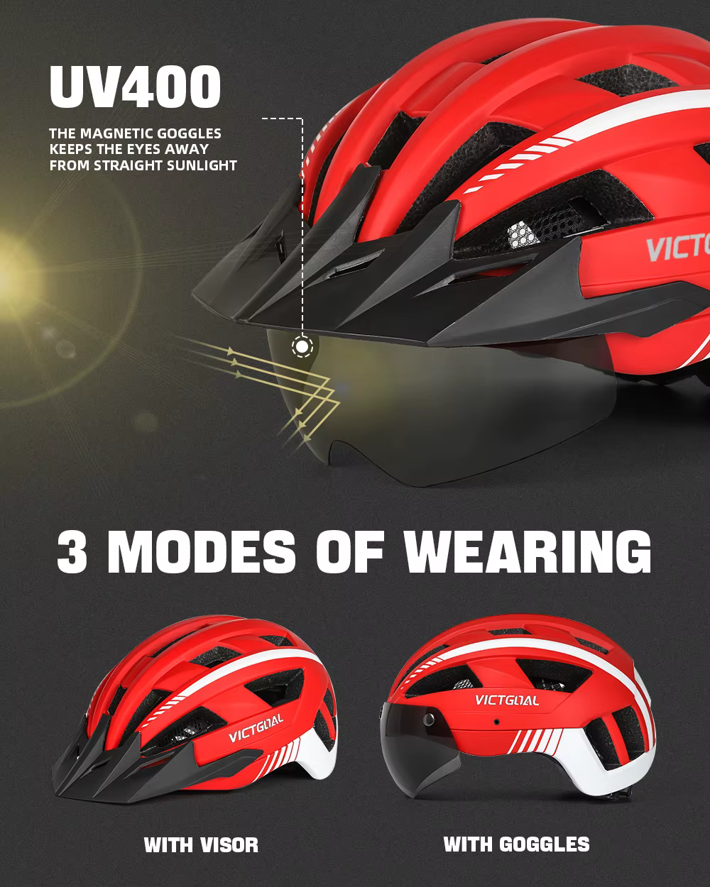 VICTGOAL LED casque de vélo avec pare-soleil lunettes pour hommes femmes Scooter vtt casques de cyclisme sur route