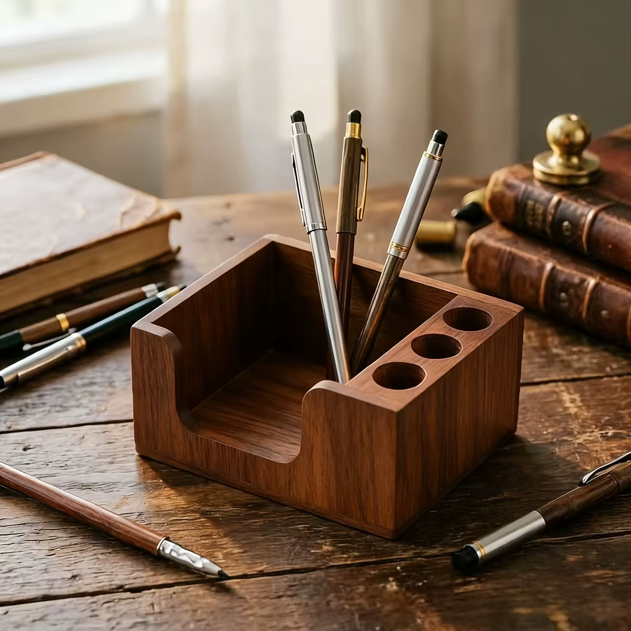 Organisateur de bureau en bois naturel avec porte-stylos, multi-compartiments pour fournitures de bureau. Décoration simple, cadeau idéal pour son espace de travail.