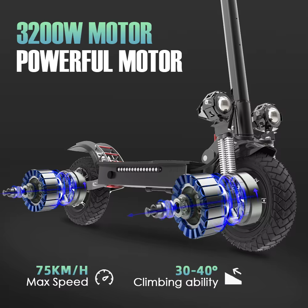 Trottinette électrique avec batterie Li-ion 20AH, moteur double 3200W, pneus tout-terrain de 10 pouces, patinete eléctrico, vitesse de 80 km/h
