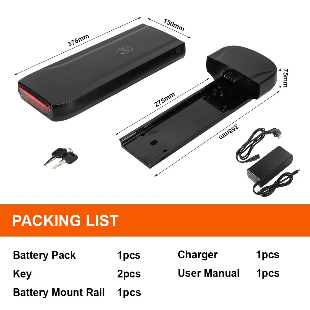 Batterie de vélo électrique Phylion pour porte-bagages arrière 36V 10.4Ah 13Ah 15Ah 17.5Ah 21Ah E-bike Joycube Wall-ES