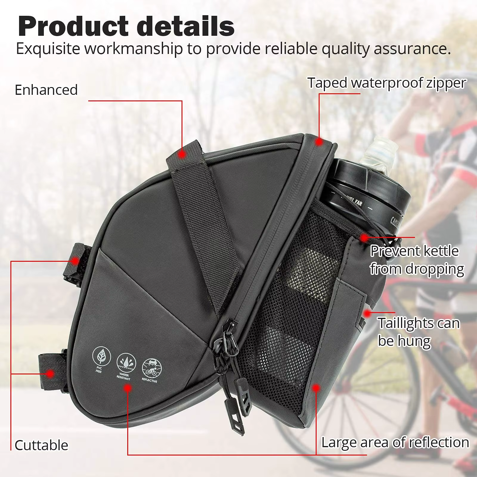 Sac de selle de vélo étanche, sac de rangement sous le siège arrière de vélo, poche pour bouteille d'eau, pochette de cyclisme pour vtt, vélo de route de montagne 1,5 l