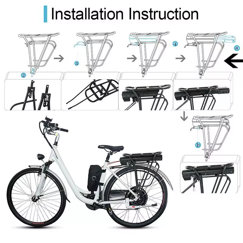 Batterie de vélo électrique pour porte-bagages arrière 36V 12Ah 10.4Ah 13Ah 14Ah