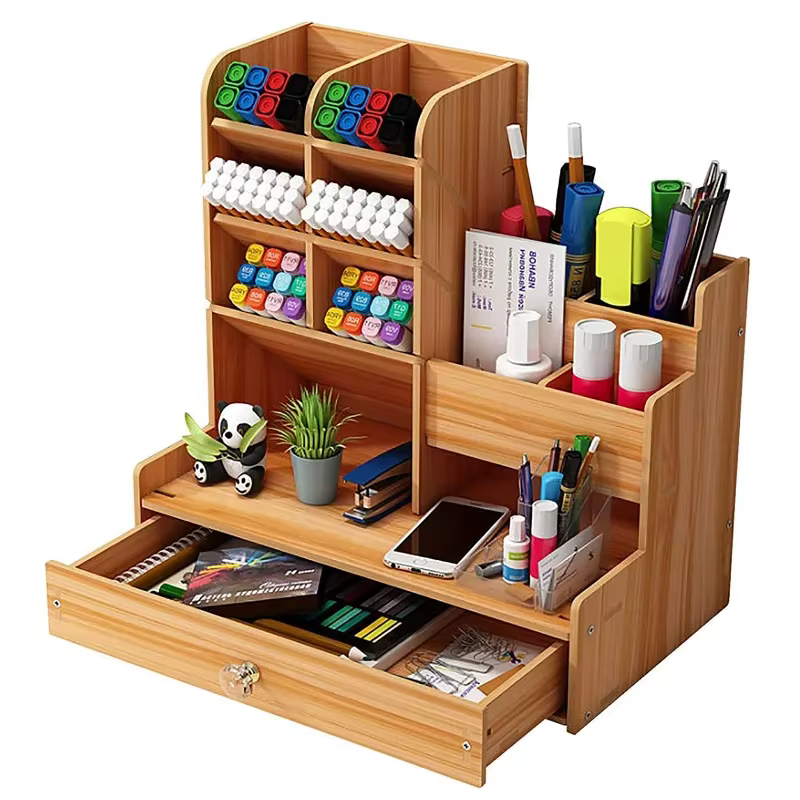 Organisateur de bureau en bois de grande capacité, porte-stylo bien rangé, boîte de rangement avec MELfor Home Office et School, bricolage