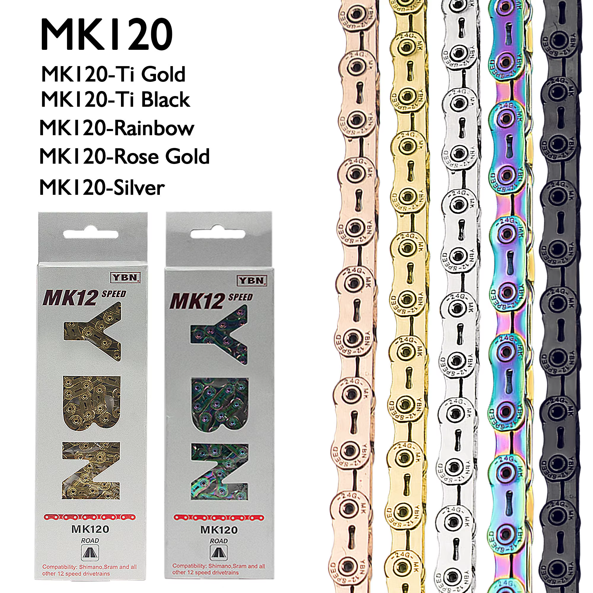 YBN – chaîne de vélo de route ultralégère MK120, 12 vitesses, 126 maillons, huile creuse, revêtement en titane pour Shimano DA Sram rouge