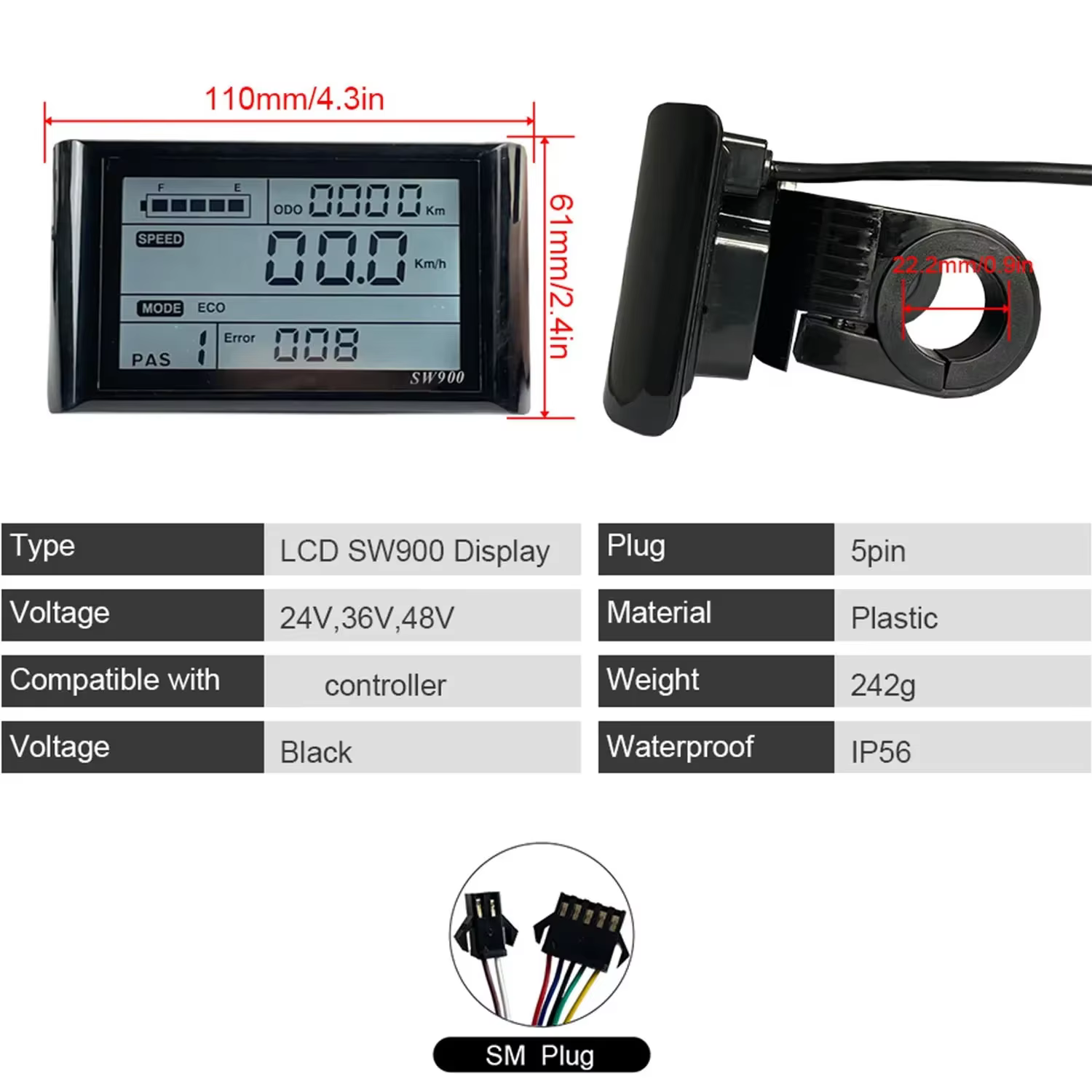 Afficheur LCD SW900 24V 36V 48V 52V 60V 72V pour trottinette électrique