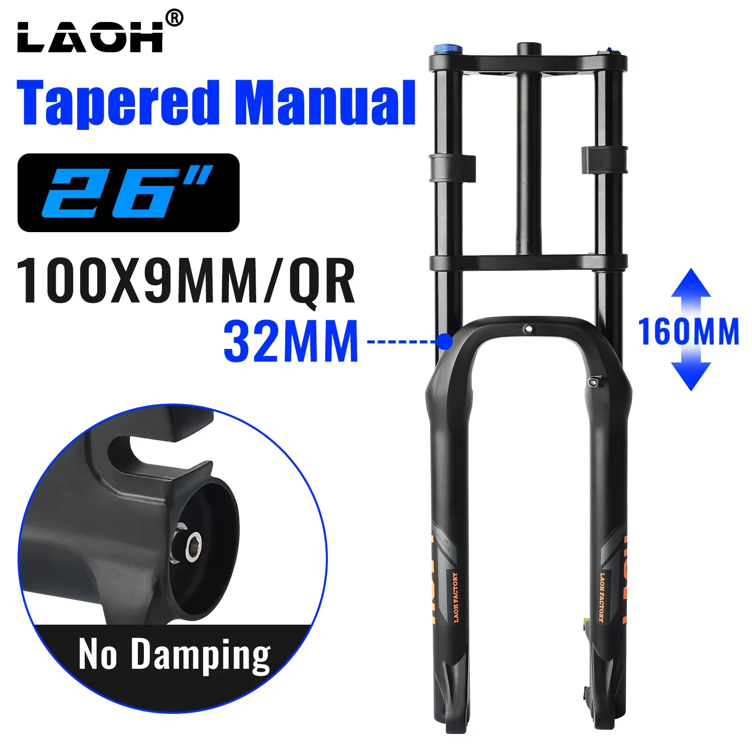 Fourche de suspension LAOH 20 pouces pour vélo, avec pneu 4.0, débattement 160 mm, double épaule, QR 9 mm, tube droit, pour VTT, Fat Bike, neige et plage