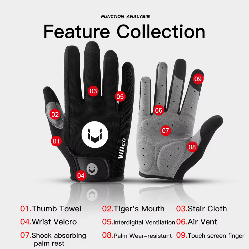 Gants de vélo VILICO à doigts entiers, respirants, antidérapants, rembourrés en SBR, antichocs, pour le VTT/le cyclisme sur route