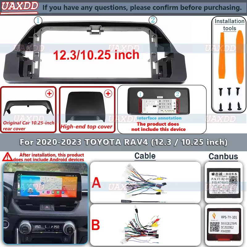 Kit de cadre d'autoradio Android 2 Din 12,3 10,25 pouces pour TOYOTA RAV4 2020-2023, avec faisceau de câbles vidéo et boîtier Canbus