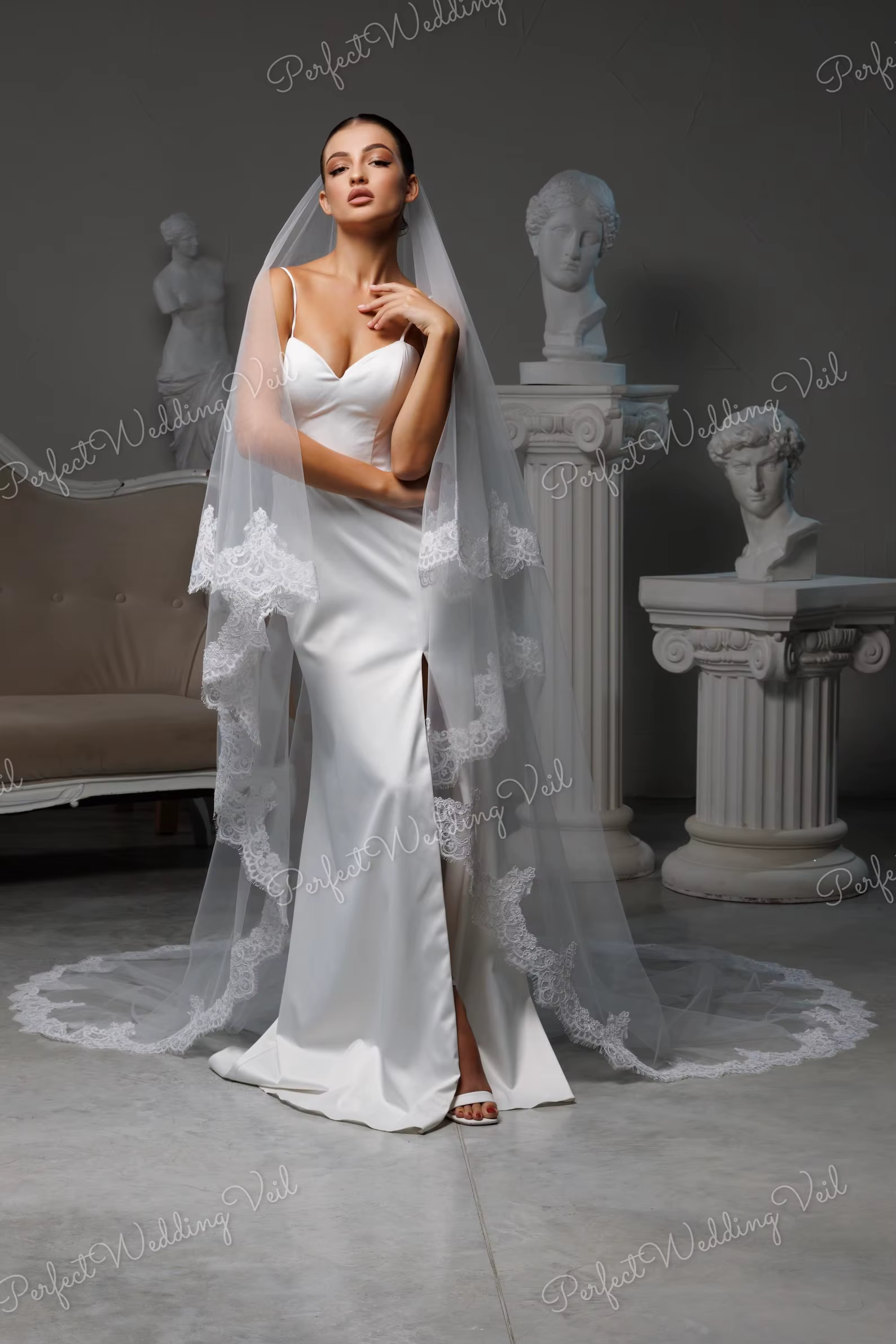 Voile de mariée cathédrale à deux niveaux en tulle doux, avec bordure en dentelle, ivoire, romantique, classique, élégant