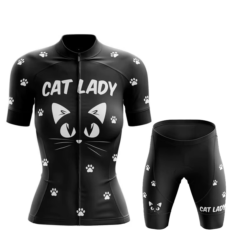 Ensemble de maillot de cyclisme pour femmes 2026 – Tenue de vélo amusante avec motif chat de dessin animé – Vêtements