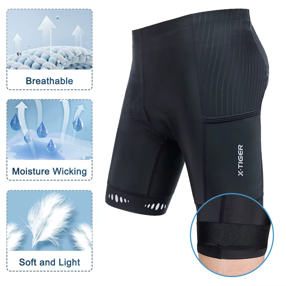 X-TIGER Hommes Cyclisme Shorts avec Poche Arrière 5D Gel Rembourré Vélo