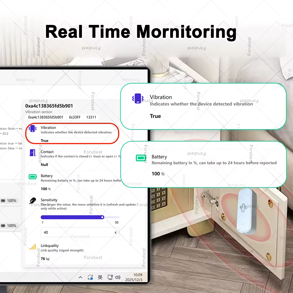 Zigbee capteur de vibrations intelligent Compatible avec Zigbee2mqtt Protection de sécurité à domicile moniteur de vibrations en temps réel capteur automatisation