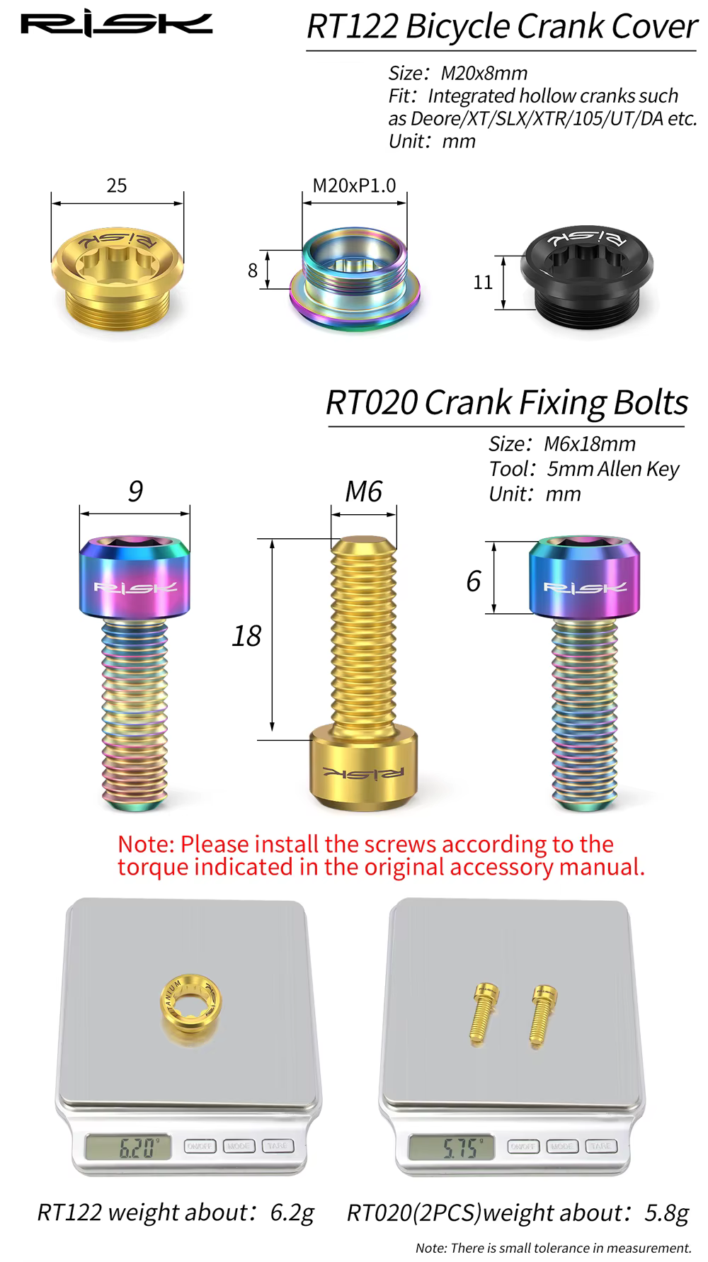 Risque M20X8mm titane pédalier fixation boulon vis VTT intégré creux pédalier anneau de chaîne BB manivelle bras couvercle boulon
