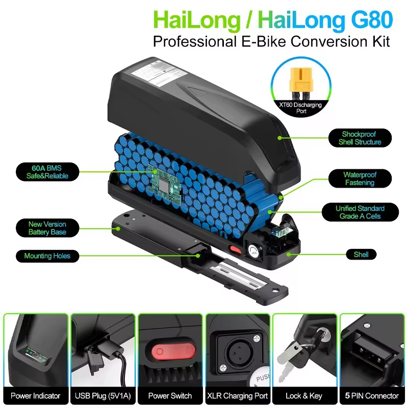 Batterie de vélo électrique Hailong 36V 48V 72V 52V 50Ah 40Ah 30Ah 20Ah
