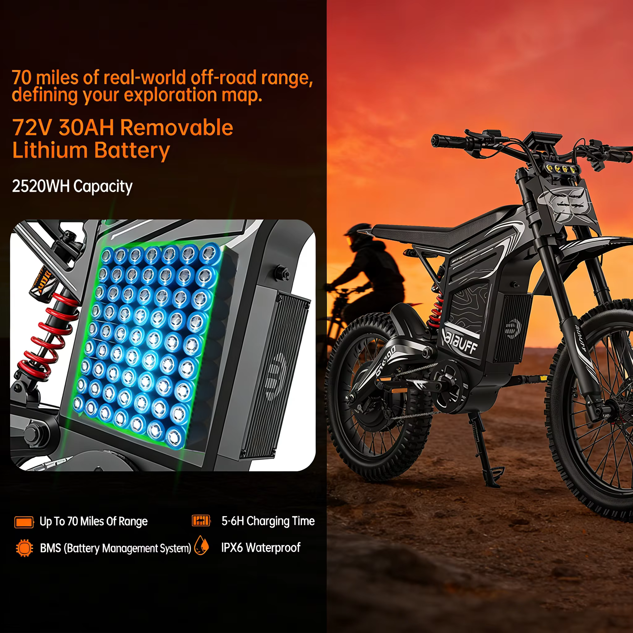 Readygo EKXBike BIBUFF GT600 Vélo électrique tout-terrain 85 km/h Moteur sans balais 7500W Batterie au lithium 72V30AH