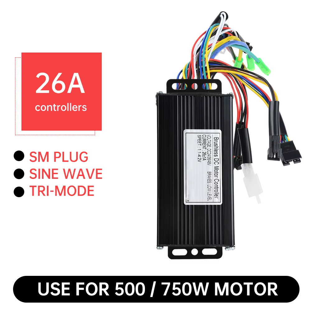 DC 24 V/36 V/48 V e-bike onde sinusoïdale 26A 500/750 W trois modes contrôleur sans brosse pour vélo électrique Tricycle