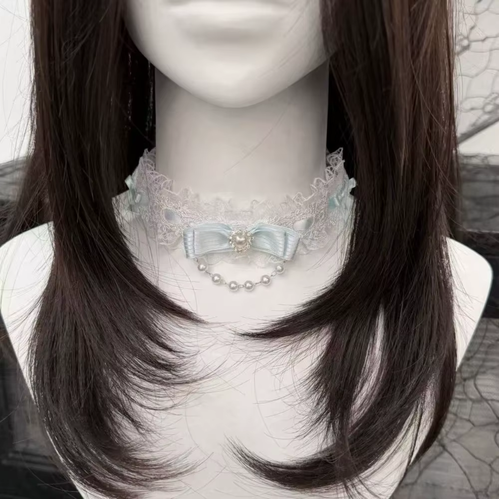 Collier ras du cou tendance en dentelle avec nœud et volants pour femme, style Lolita, collier ras du cou en perles pour filles, accessoires mignons pour le cou