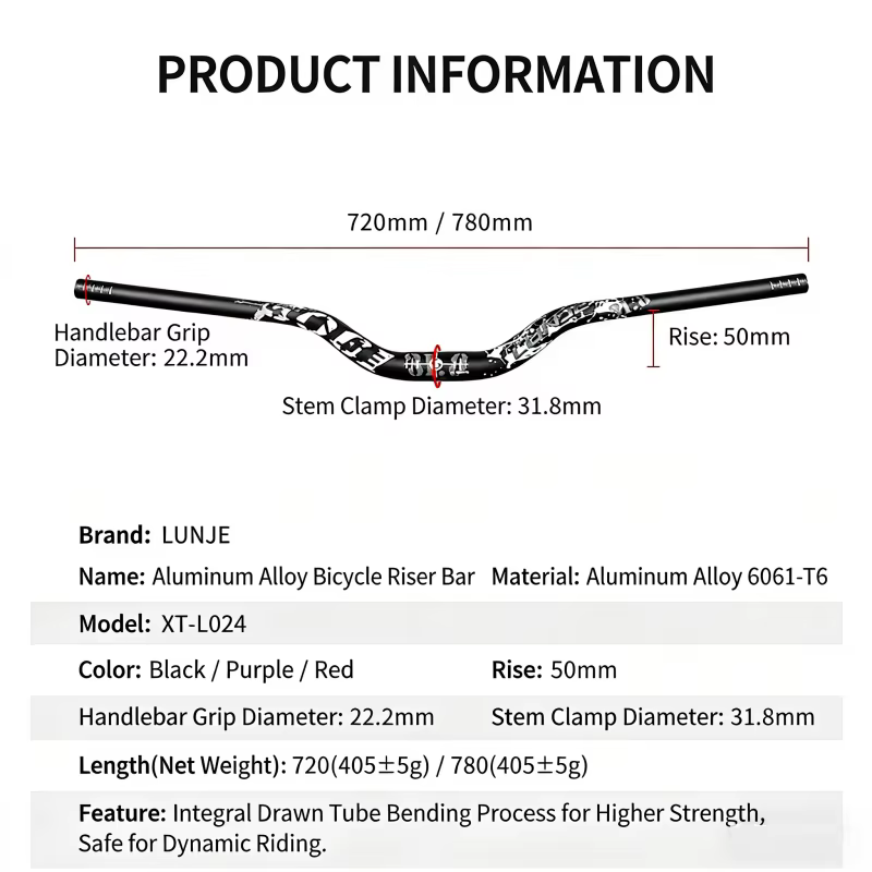 Guidon de VTT pour descente XC/AM tout-terrain, longueur 720/780 mm, hauteur de montée 50 mm, grand angle, violet, noir, rouge