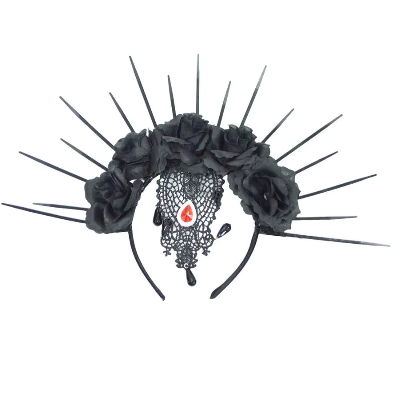 Couronne halo gothique, bandeau fleuri, voile noir. Accessoire de couronne Sunburst Spike pour dames, accessoire de cheveux pour costume d'Halloween