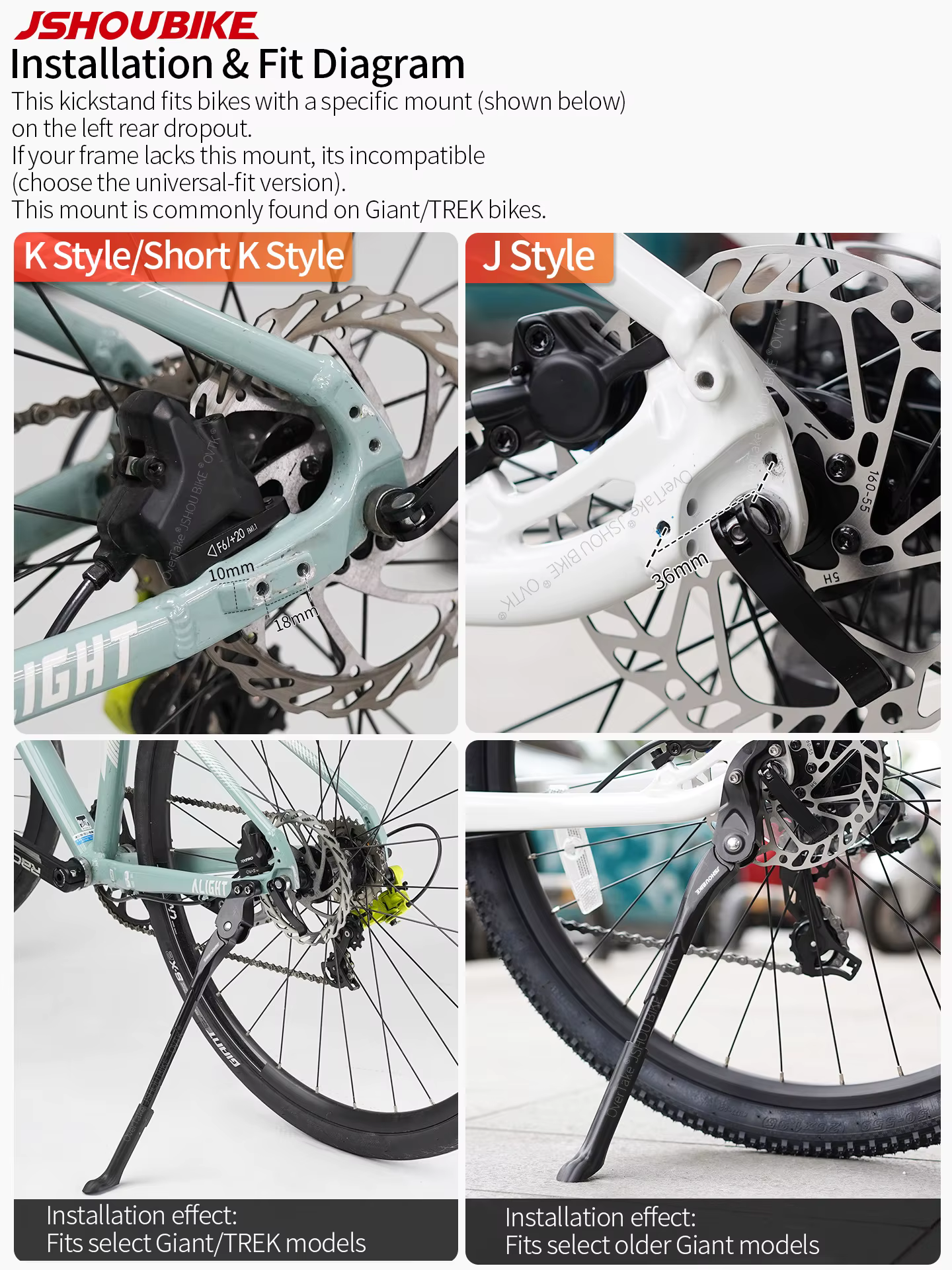 JSHOUBIKE Nouvelle génération de béquille de vélo réglable en alliage d'aluminium pour GIANT ATX XTC MARIN TREK