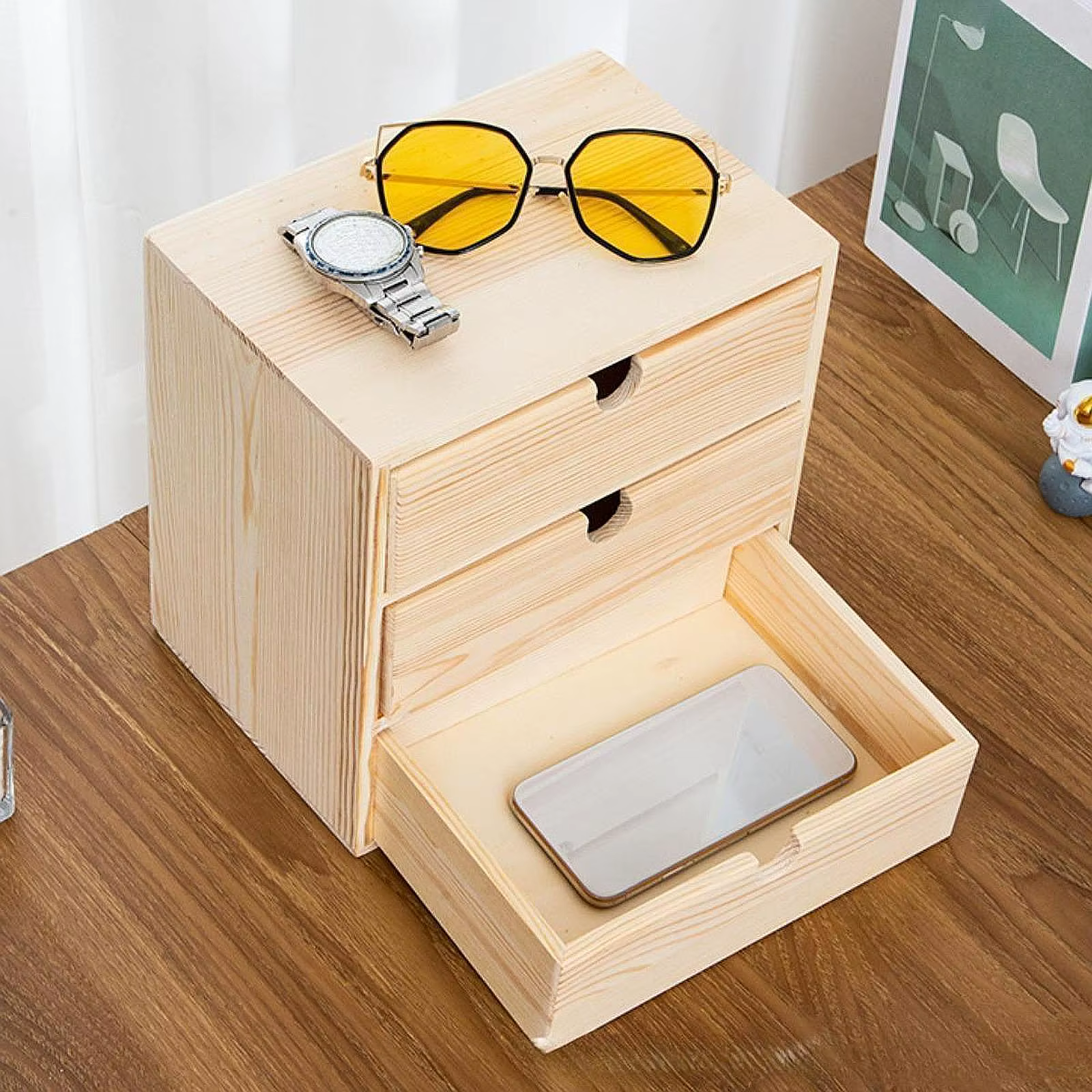 Boîte à bijoux en bois pour femmes, accessoires de bureau avec 3 tiroirs, organisateur de bureau en bois, tiroir en bois pour bureau et maison