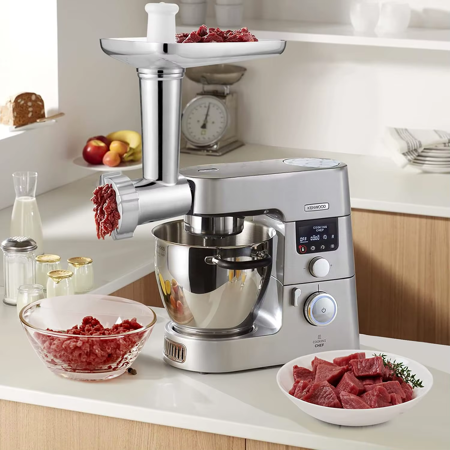 Accessoire hachoir à viande pour robots culinaires Kenwood Chef, Chef XL, KVC, KVL et kMix, hachoir à viande, poussoir à saucisses
