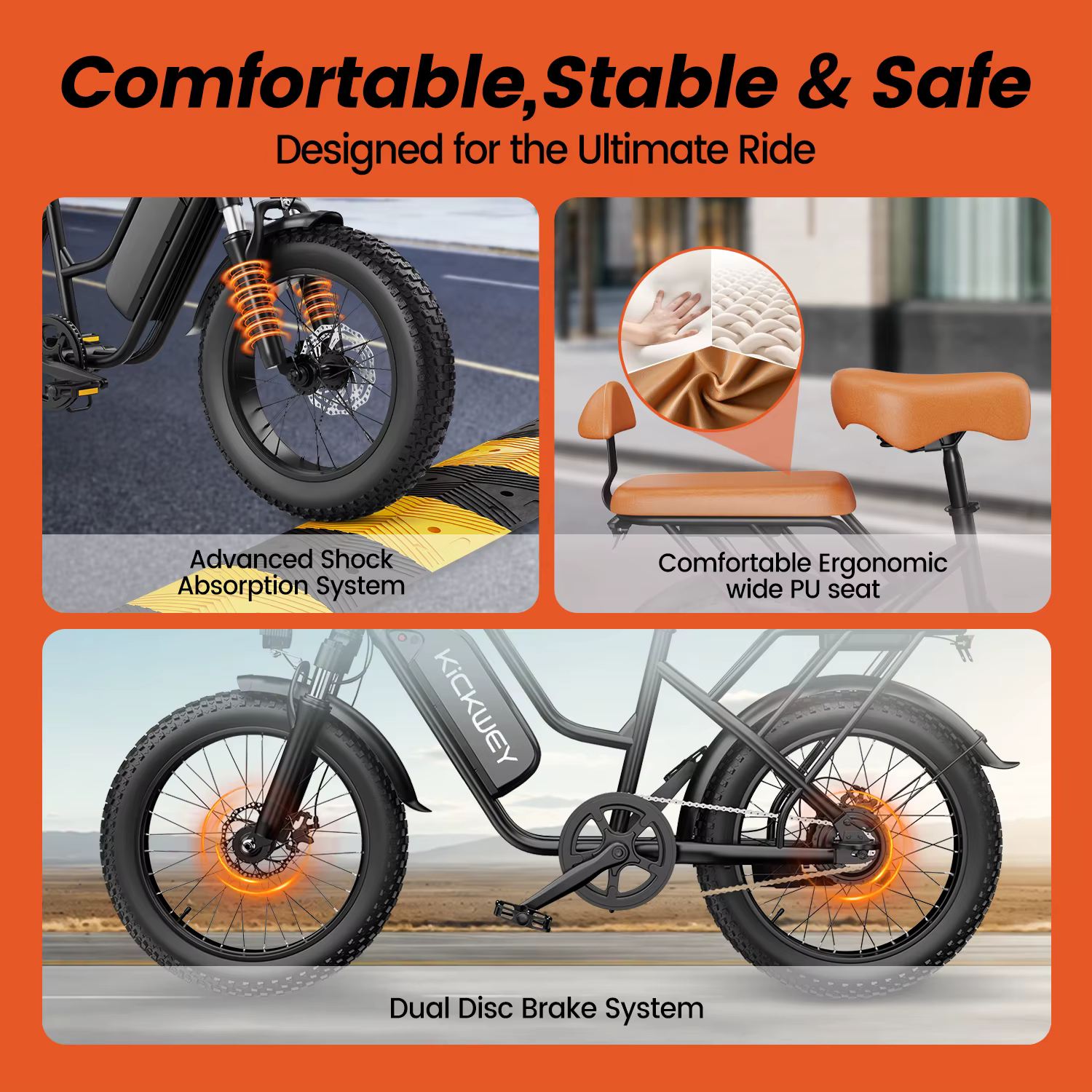 Vélo électrique Kickwey LD20 250W & 1000W 48V 20AH avec pneus larges 20x3 pouces