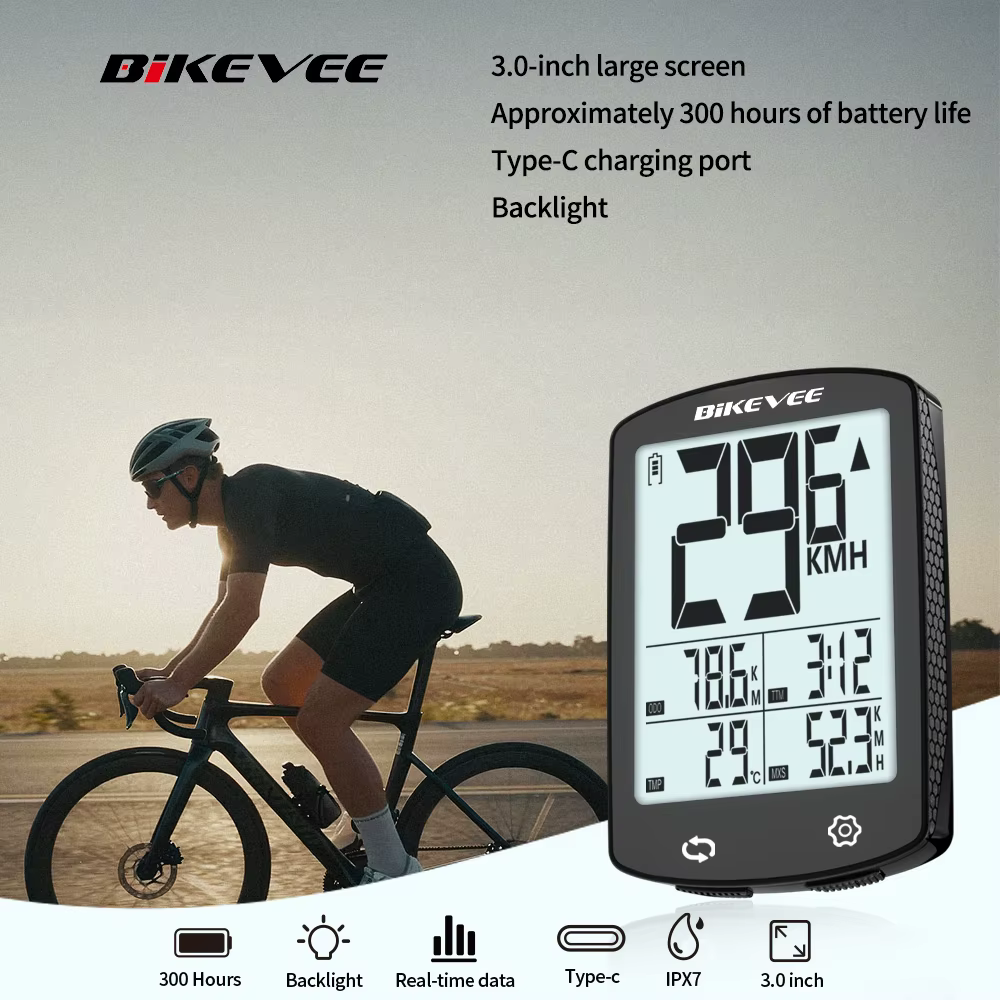Ordinateur de vélo sans fil rechargeable USB-C BIKEVEE avec grand écran de 3 pouces, compteur de vitesse, odomètre - Accessoires de vélo