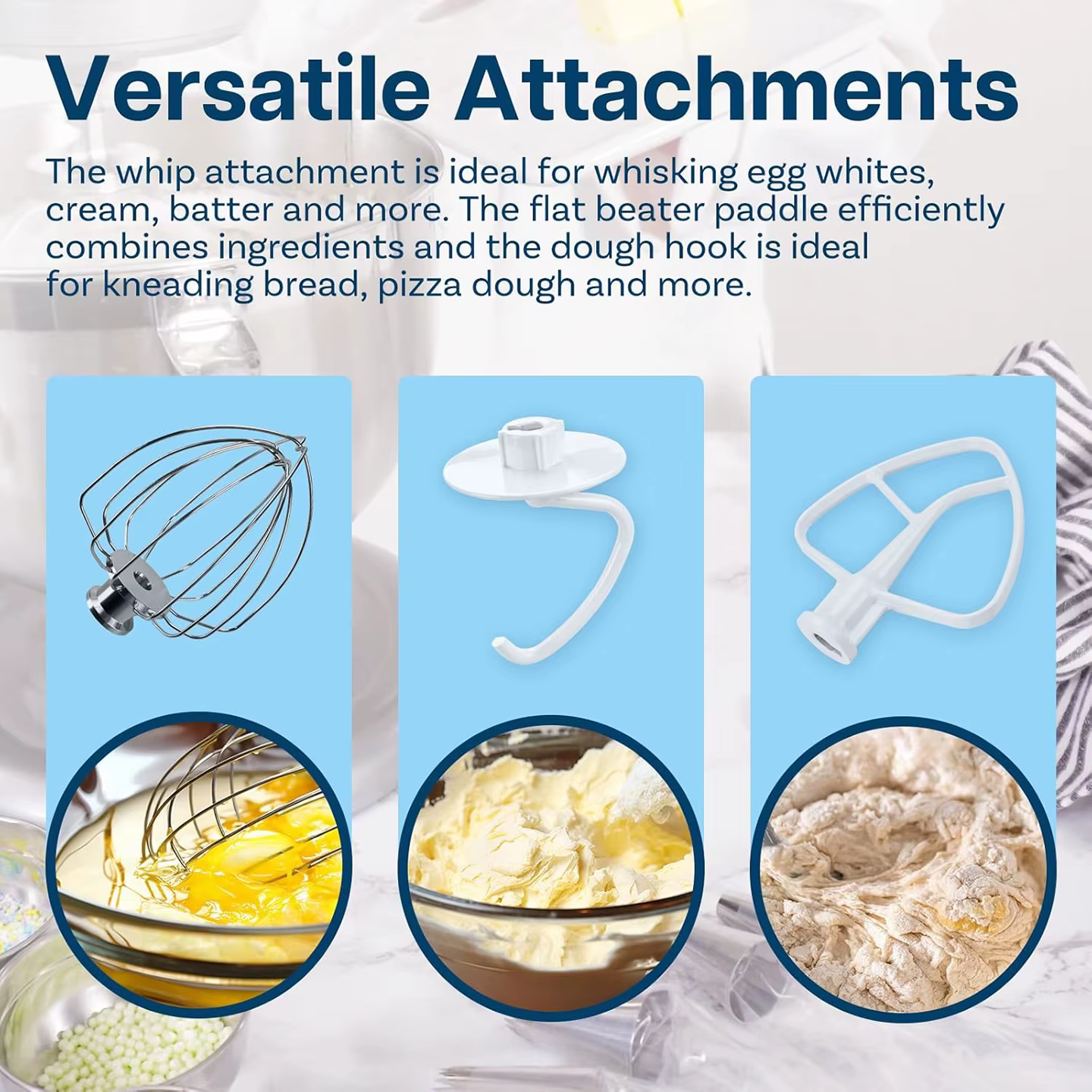 Kit d'accessoires 3 pièces pour batteur KitchenAid 4,5 litres - Fouet en aluminium à 6 fils, batteur plat et crochet pétrisseur, lavage à la main uniquement