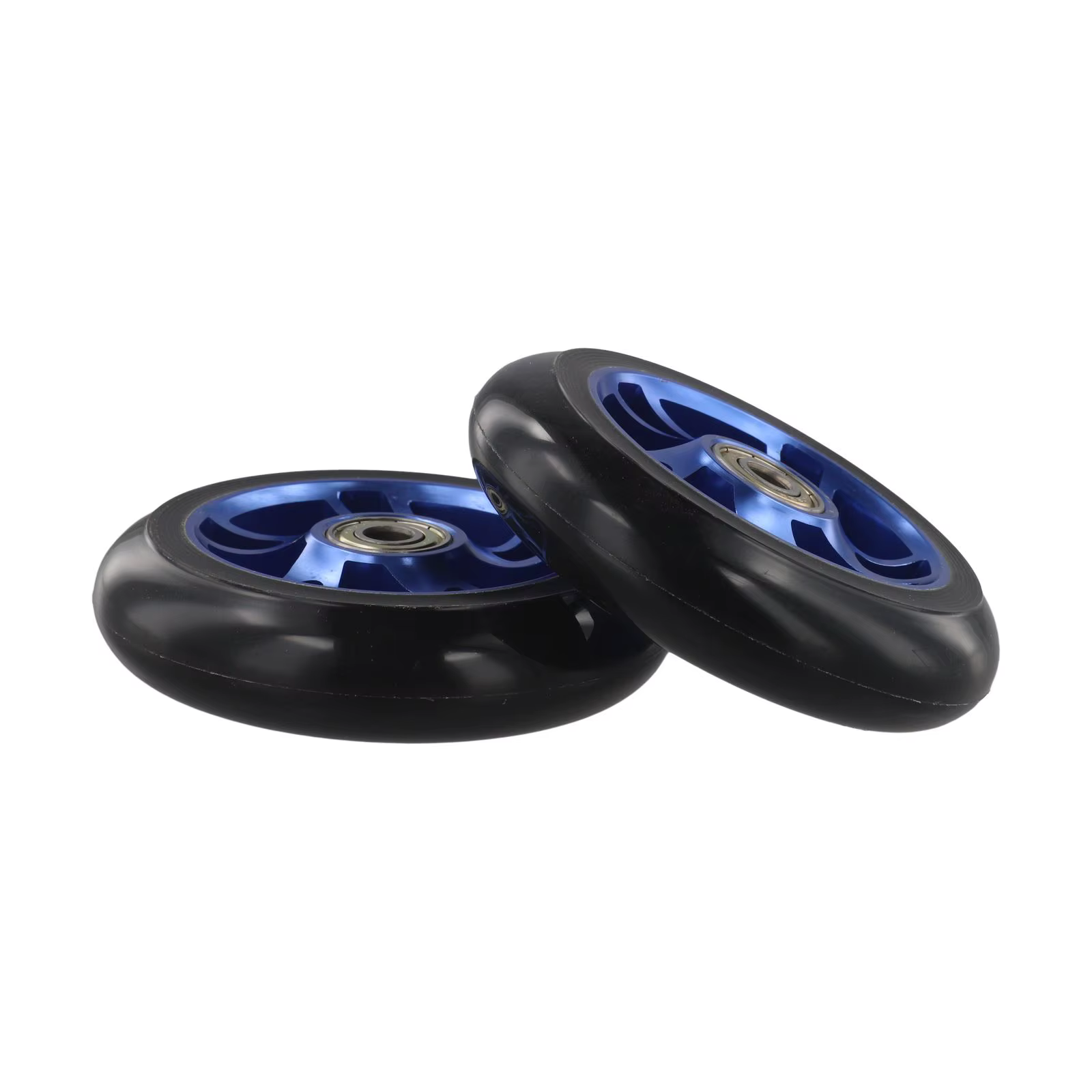 2 roues de trottinette acrobatique bleues de 100 mm avec moyeu en alliage d'aluminium