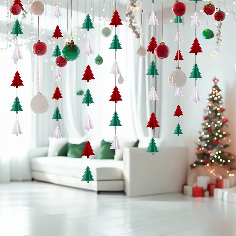 Banderoles en papier pour arbre de noël, 5 pièces, 10.4 pieds, rouge, blanc, vert, bannière d'arbre de noël 3D pour décorations suspendues de noël, ornements