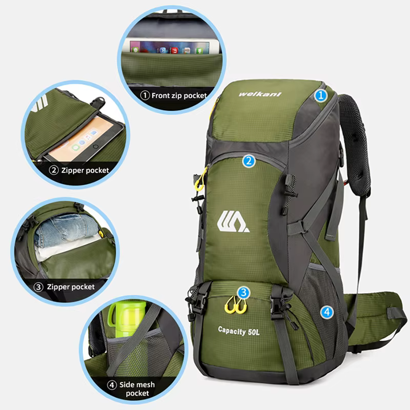 Sac à dos de voyage 50L Camping Hommes Grand Randonnée Sac à dos Touristique Imperméable Sac de sport de plein air Escalade Alpinisme Bagages