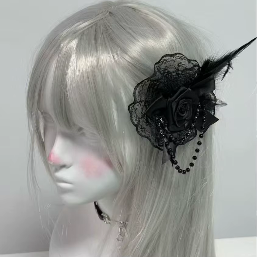 Accessoires pour cheveux Lolita gothiques rétro foncé, plumes de Rose, couvre-chef en dentelle, boule de fleur, pinces à cheveux, sous-culture, Style doux, Kawaii