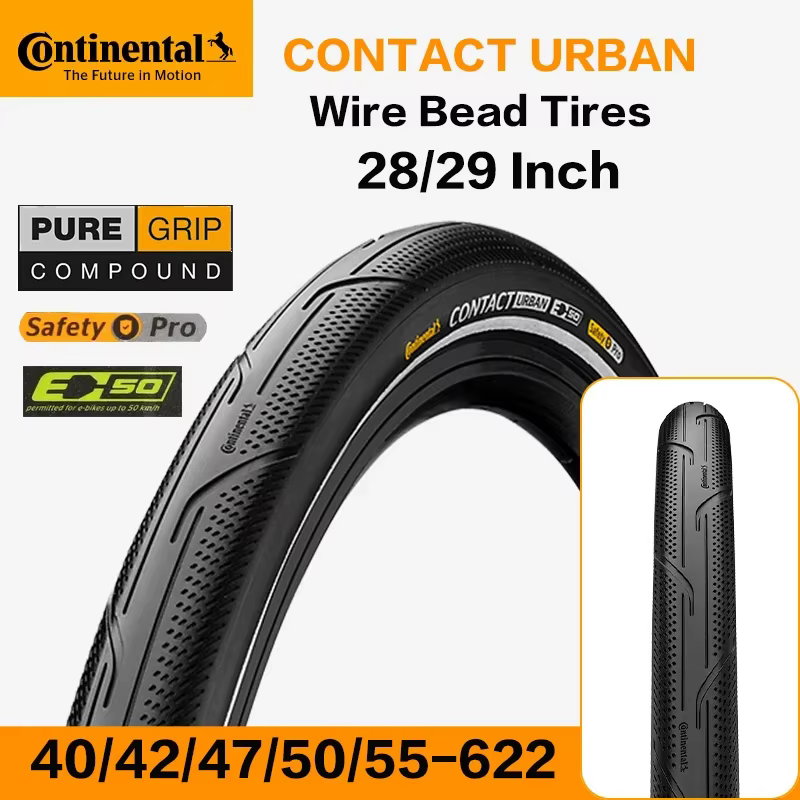 Pneus de vélo Continental Contact Urban 28/29 pouces à talon de fil métallique 40/42/47/50/55-622 180 TPI pour VTT et vélos électriques avec bandes réfléchissantes