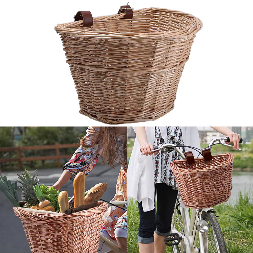 Panier panier en osier Vintage panier à légumes Portable en forme de D pour vélos de montagne panier avant avec sangles en cuir