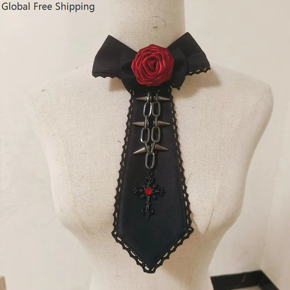 Cravate gothique lolita, cravate à rose, croix médiévale, accessoires de cosplay gothique, style punk pour femmes, col détachable, accessoire d'uniforme JK
