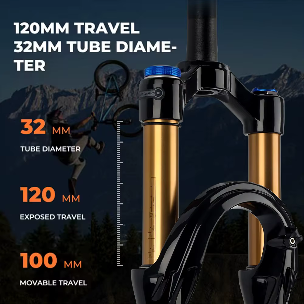 BOLANY Fourche VTT 32 mm 120 mm Air/Huile Double Verrouillage 26-29" Alliage de magnésium