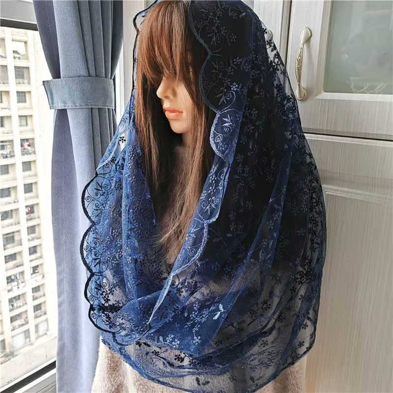 Manille à fleurs brodées bleu marine pour femmes, couvre-tête, motif Floral infini, chapelle en Tulle, cadeau catholique, Vintage, masse espagnole