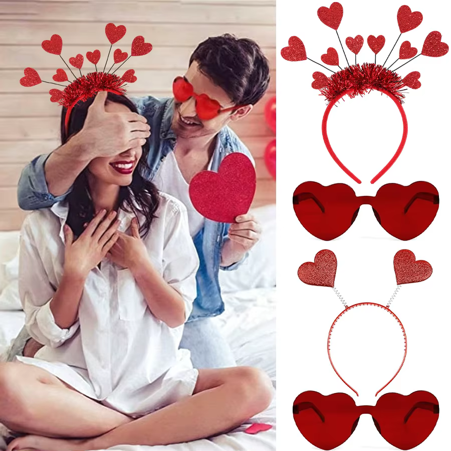 Ensemble de costumes bandeau et lunettes de soleil en forme de cœur pour la saint-valentin, bandeau rouge mignon, accessoires pour cheveux de mariage et de vacances